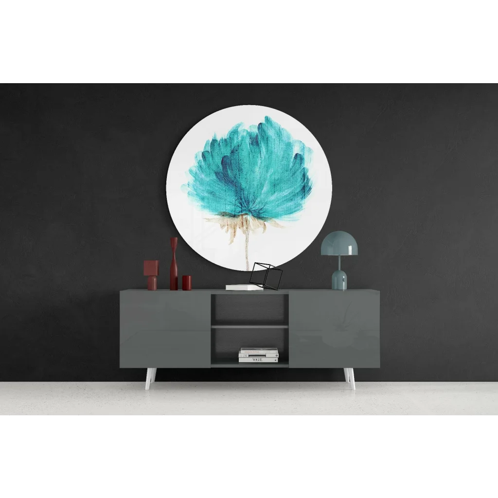 Vibrant teal floral tempered glass art on white background above gray console