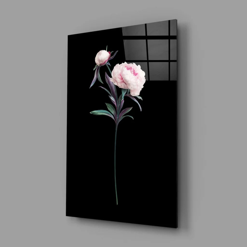 Sleek black glass wall art with pink peony and bud on gray wall
