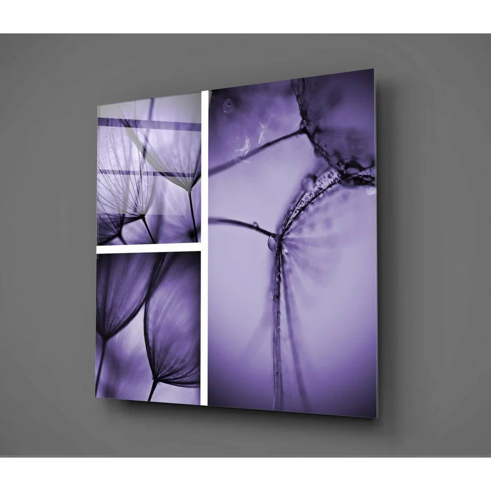 Purple dandelion glass wall art triptych with abstract botanical seeds