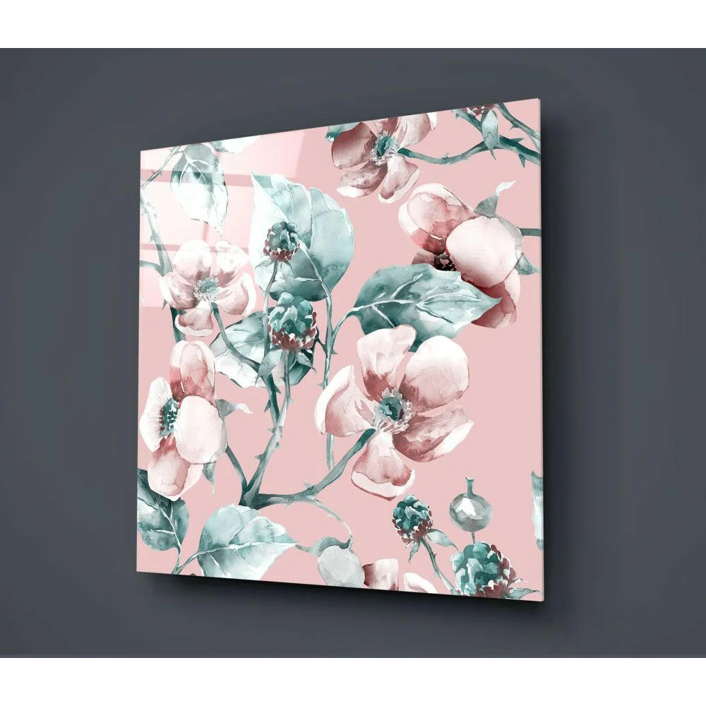 Blush Pink Floral Watercolor Glass Wall Art with pink blossoms and teal leaves