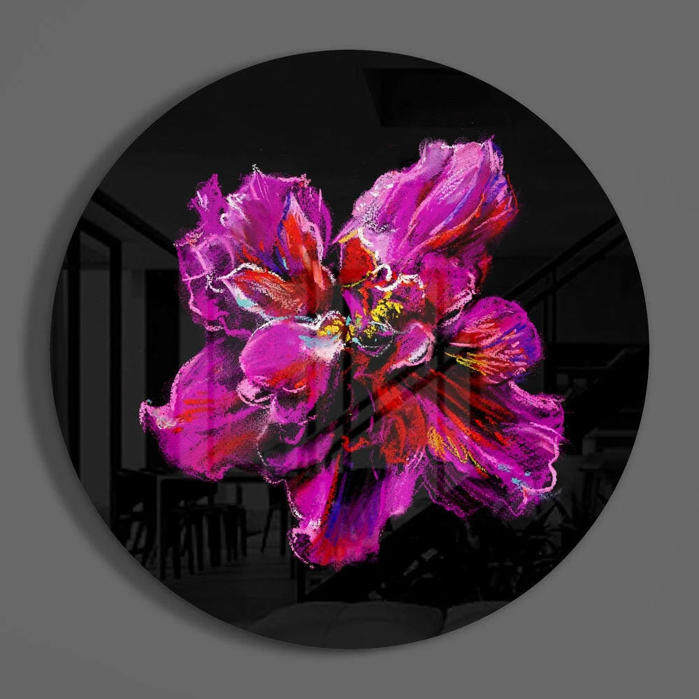 Stunning purple flower tempered glass art on black background