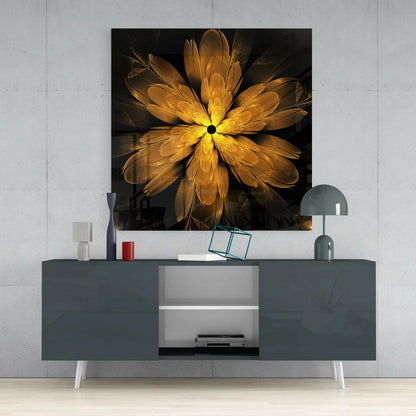 Radiant Golden Fractal Flower Glass Wall Art | Contemporary Home Wall Art | vintageantiquesgifts.com