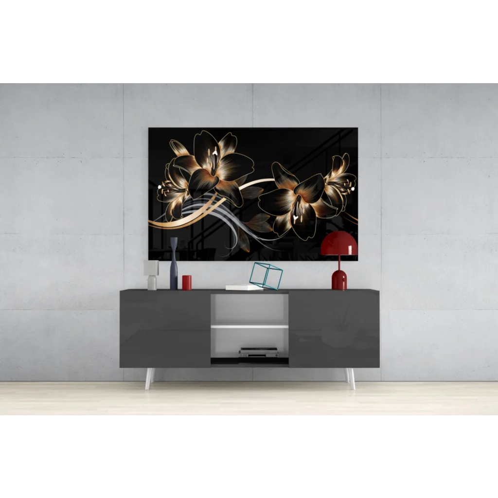 Stunning gold lily glass wall art on black canvas with metallic accents