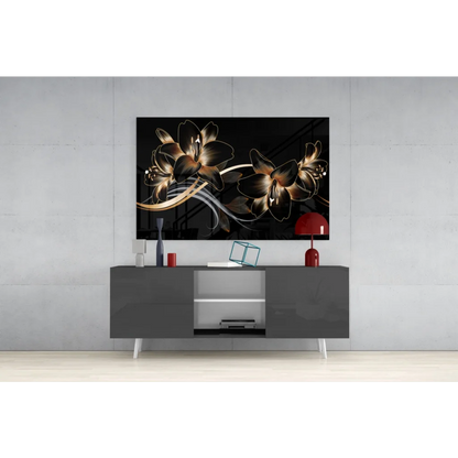 Stunning gold lily glass wall art on black canvas with metallic accents