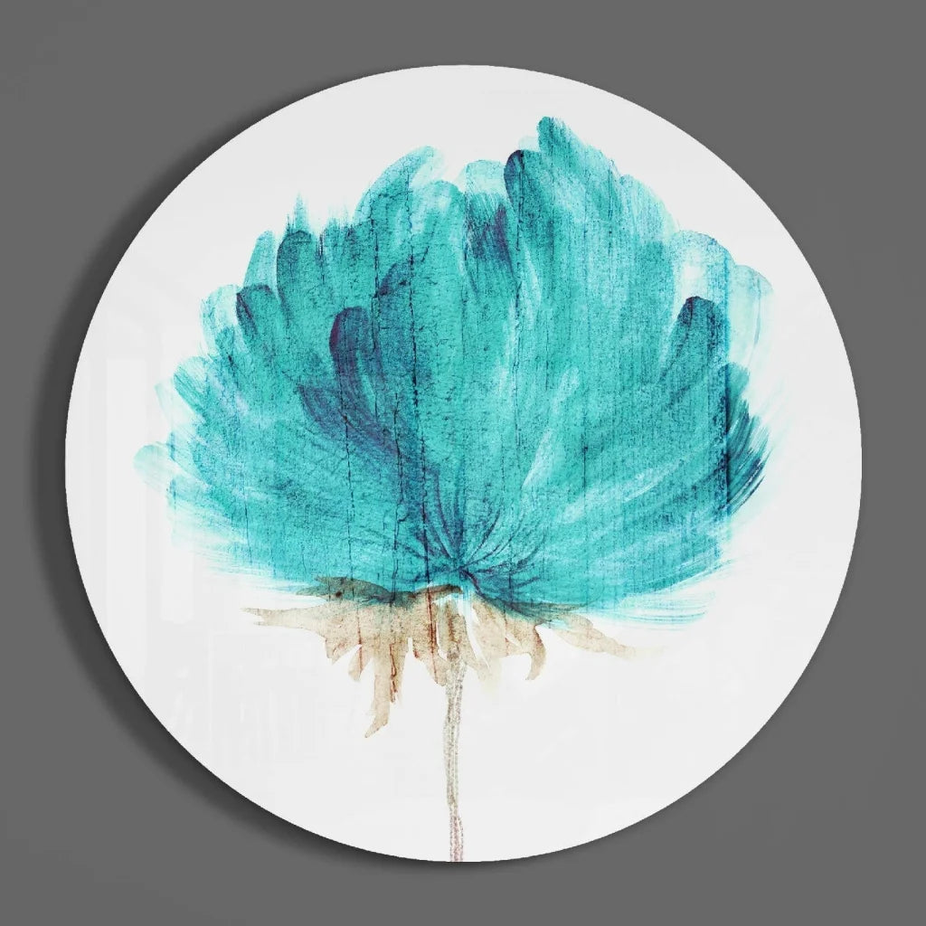 Vibrant teal watercolor flower on tempered glass art