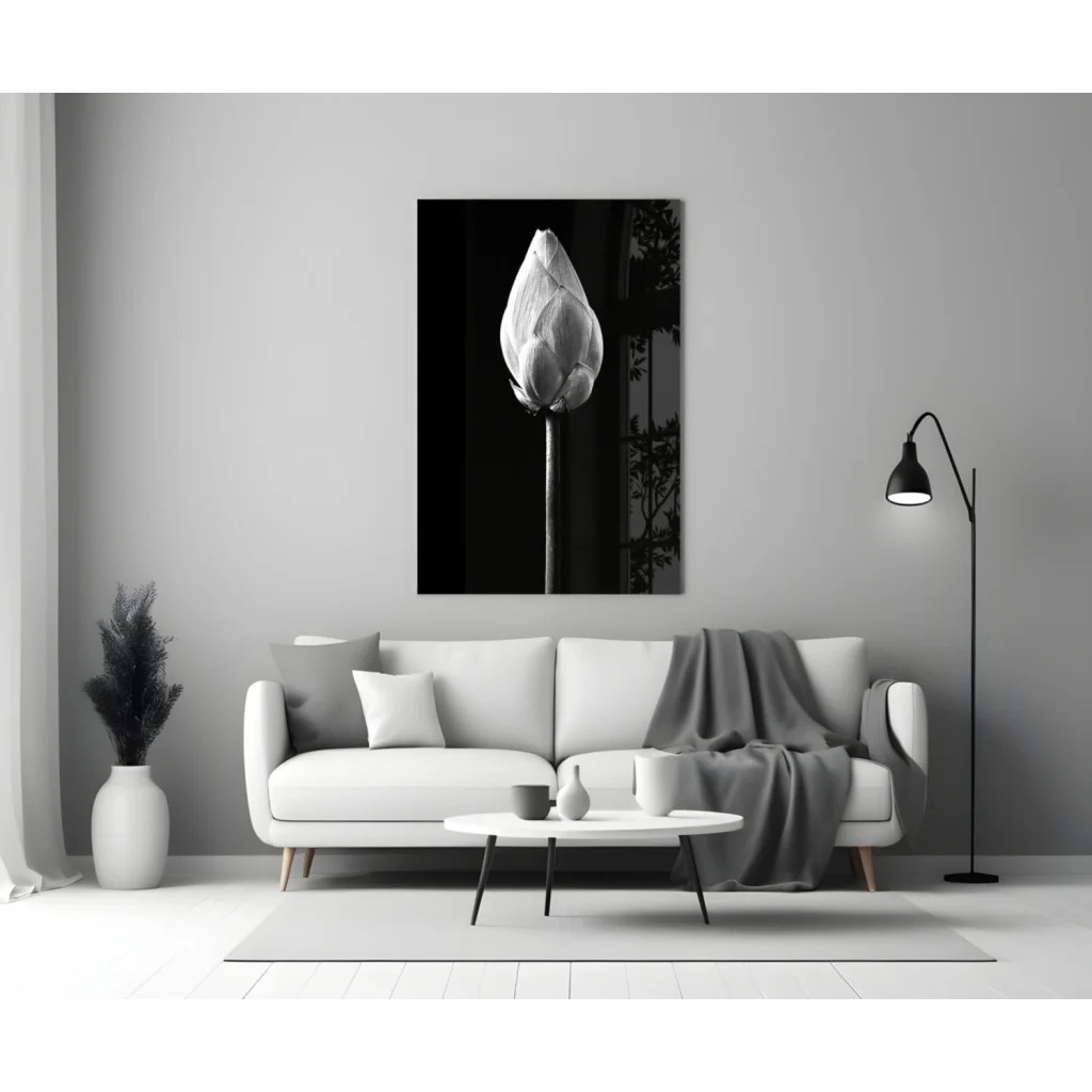 Black and white lotus bud canvas wall art on dark background