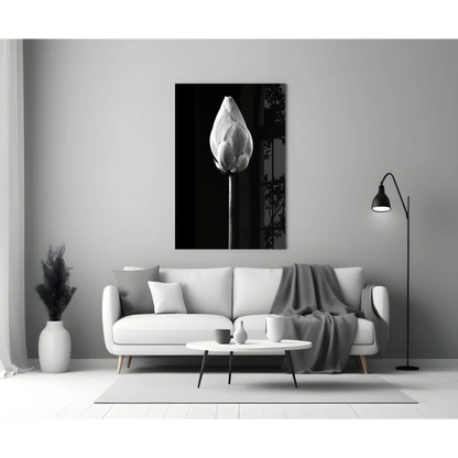 Black and white lotus bud canvas wall art on dark background