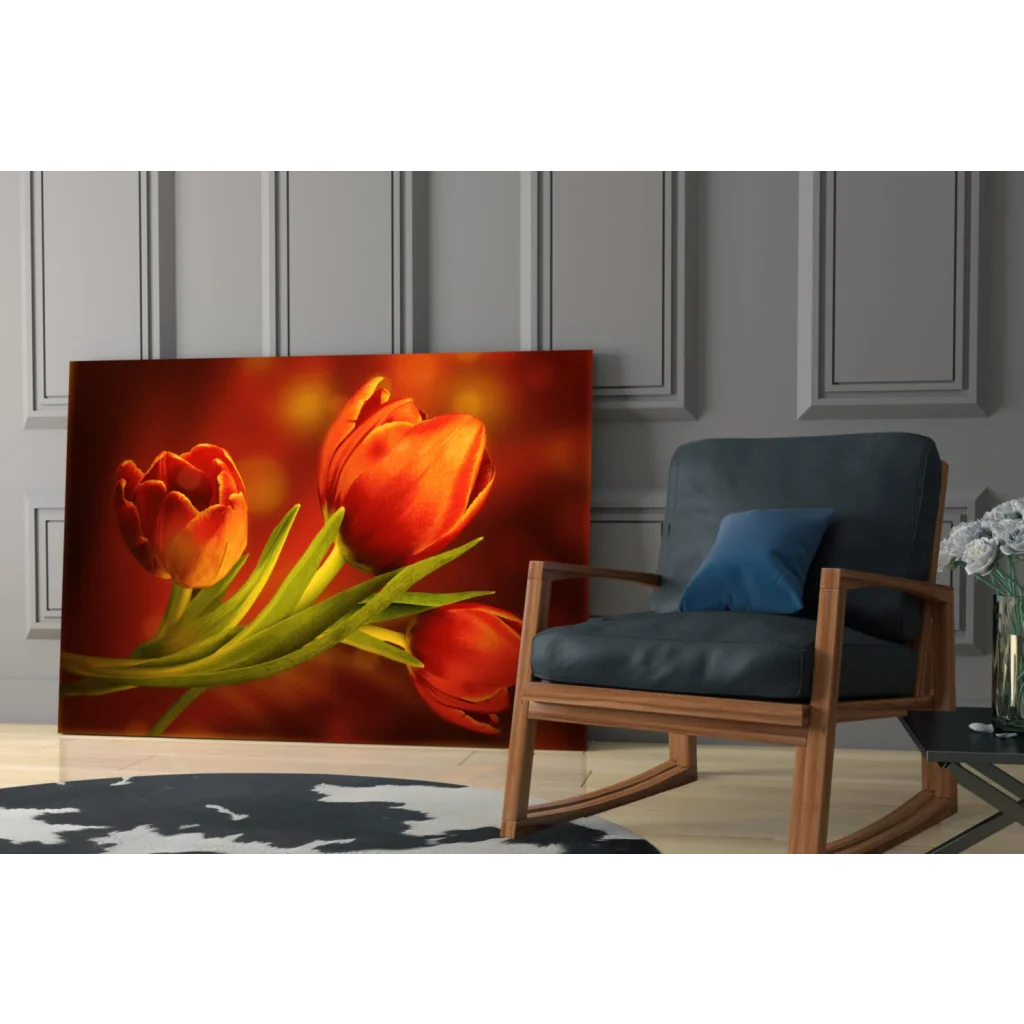 Vibrant orange tulips canvas wall art print on warm blurred background