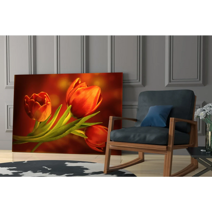 Vibrant orange tulips canvas wall art print on warm blurred background
