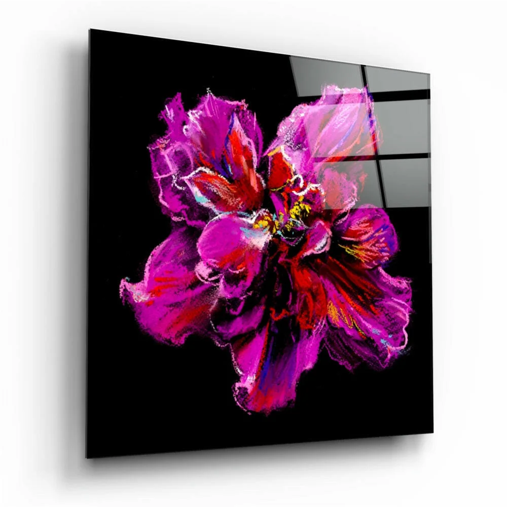Vibrant magenta abstract flower glass wall art on glossy black panel