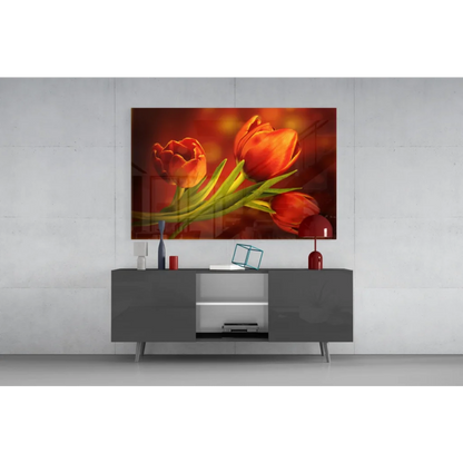 Vibrant orange tulips wall art print on glossy black console