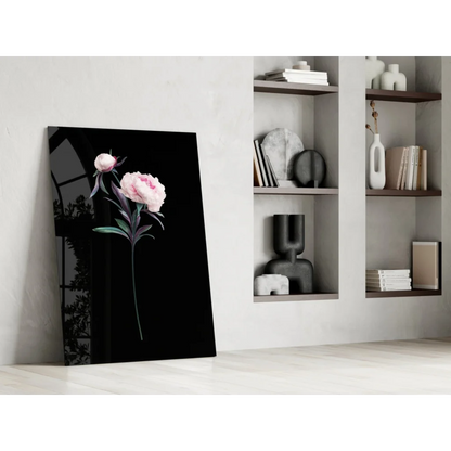Stunning pink peony glass wall art on black canvas