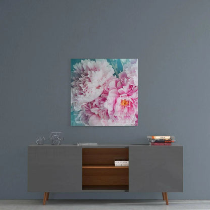 Vibrant pink peony glass wall art panel on gray wall
