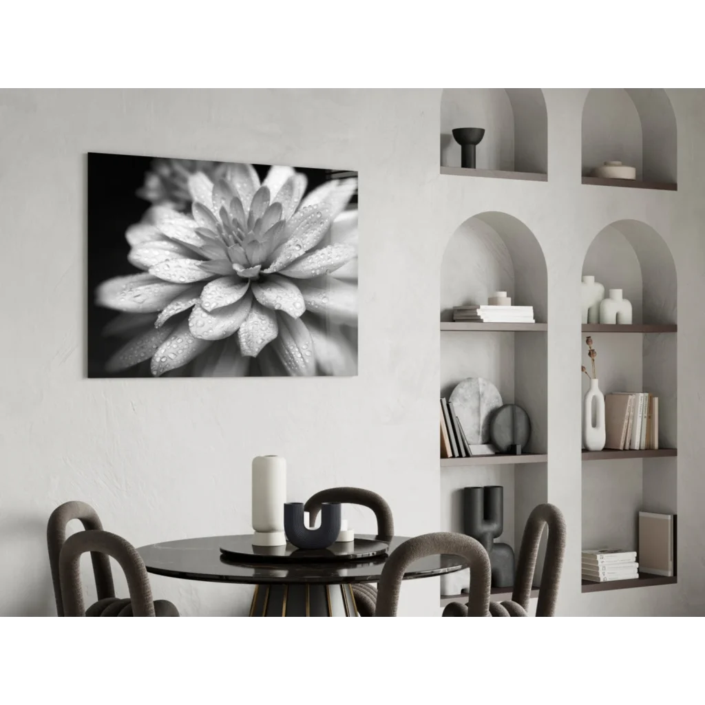Black-and-white dewy dahlia canvas wall art with water drops