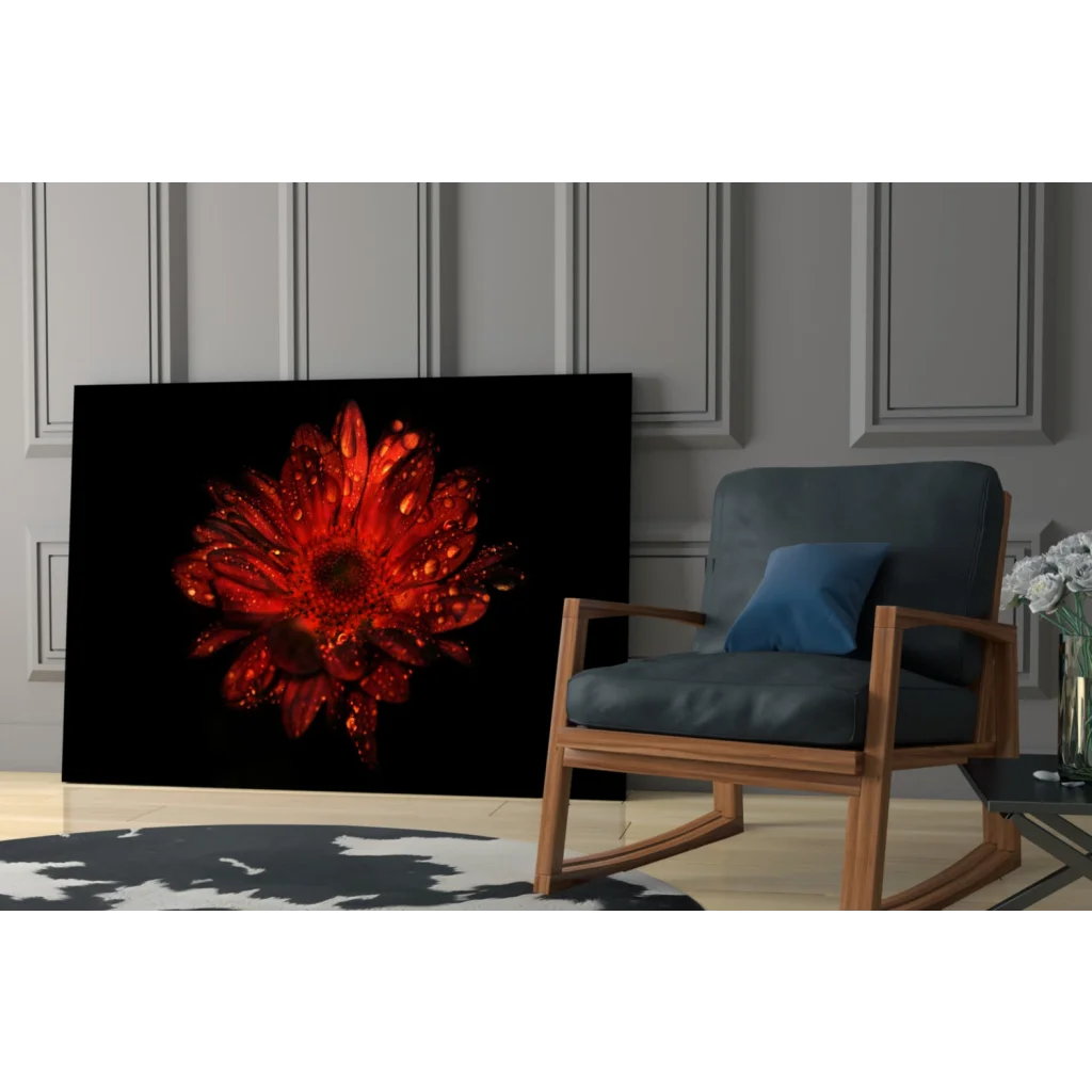 Vibrant red Gerbera Daisy glass wall art with glossy dewdrops