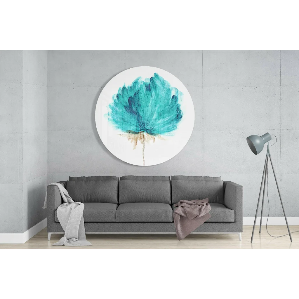 Stunning tempered glass art of circular teal floral on white, gray wall