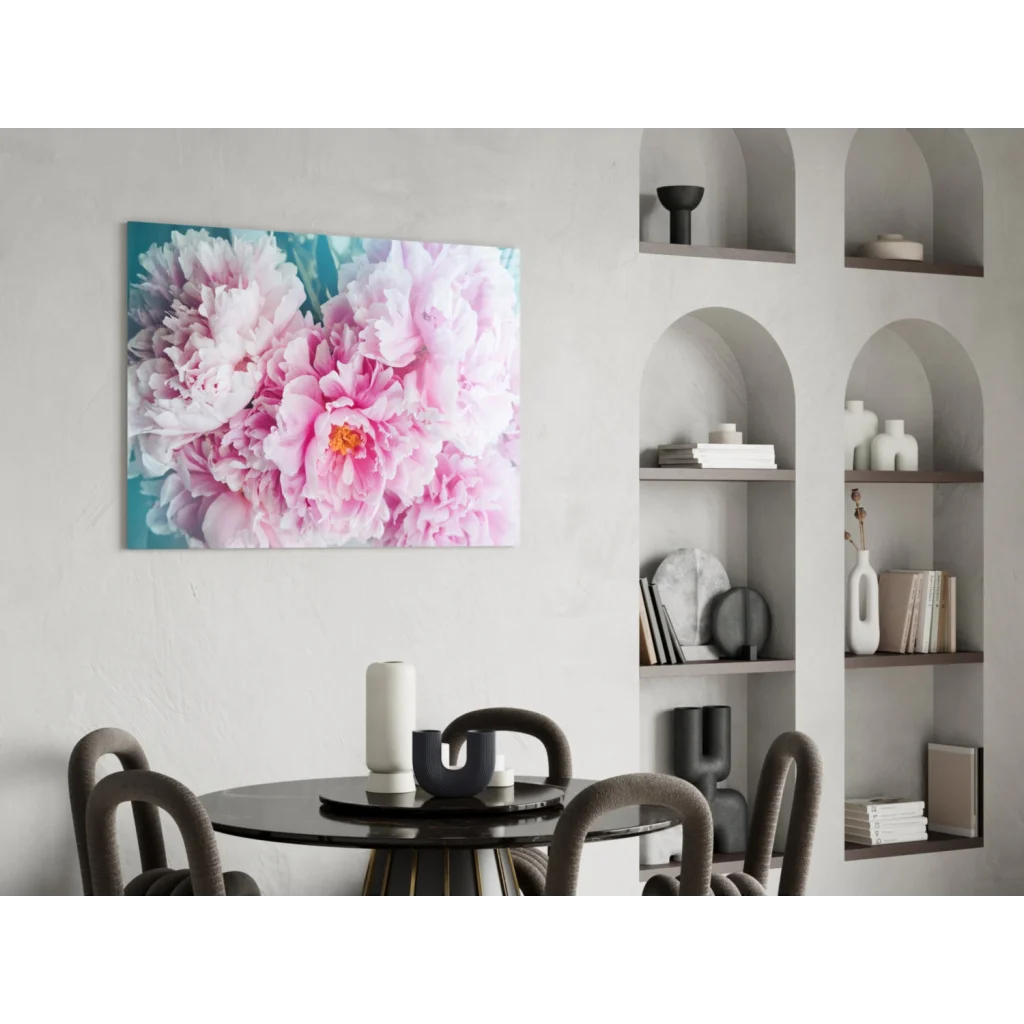 Vibrant pink peonies wall art canvas print on subtle teal background