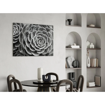 Black-and-white spiral succulent wall art canvas close-up