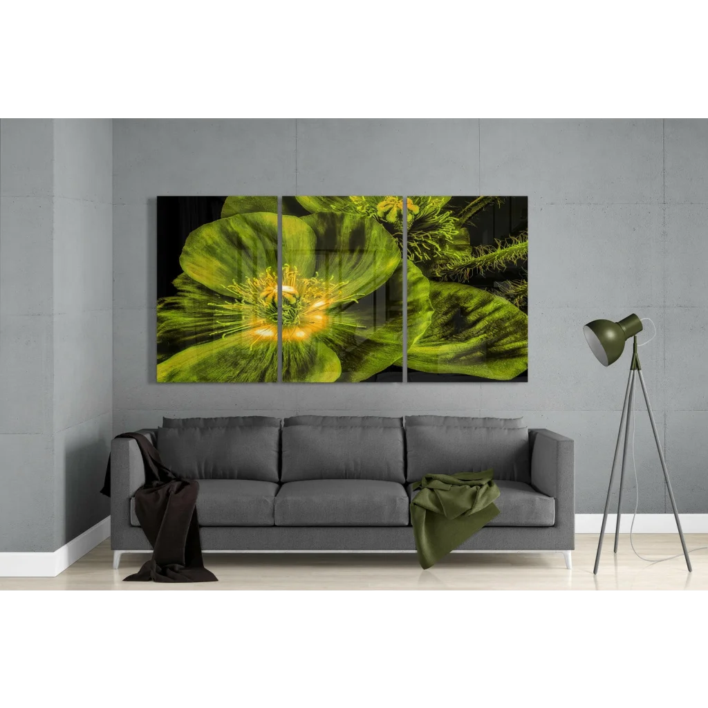 Vibrant green poppy glass wall art triptych on canvas