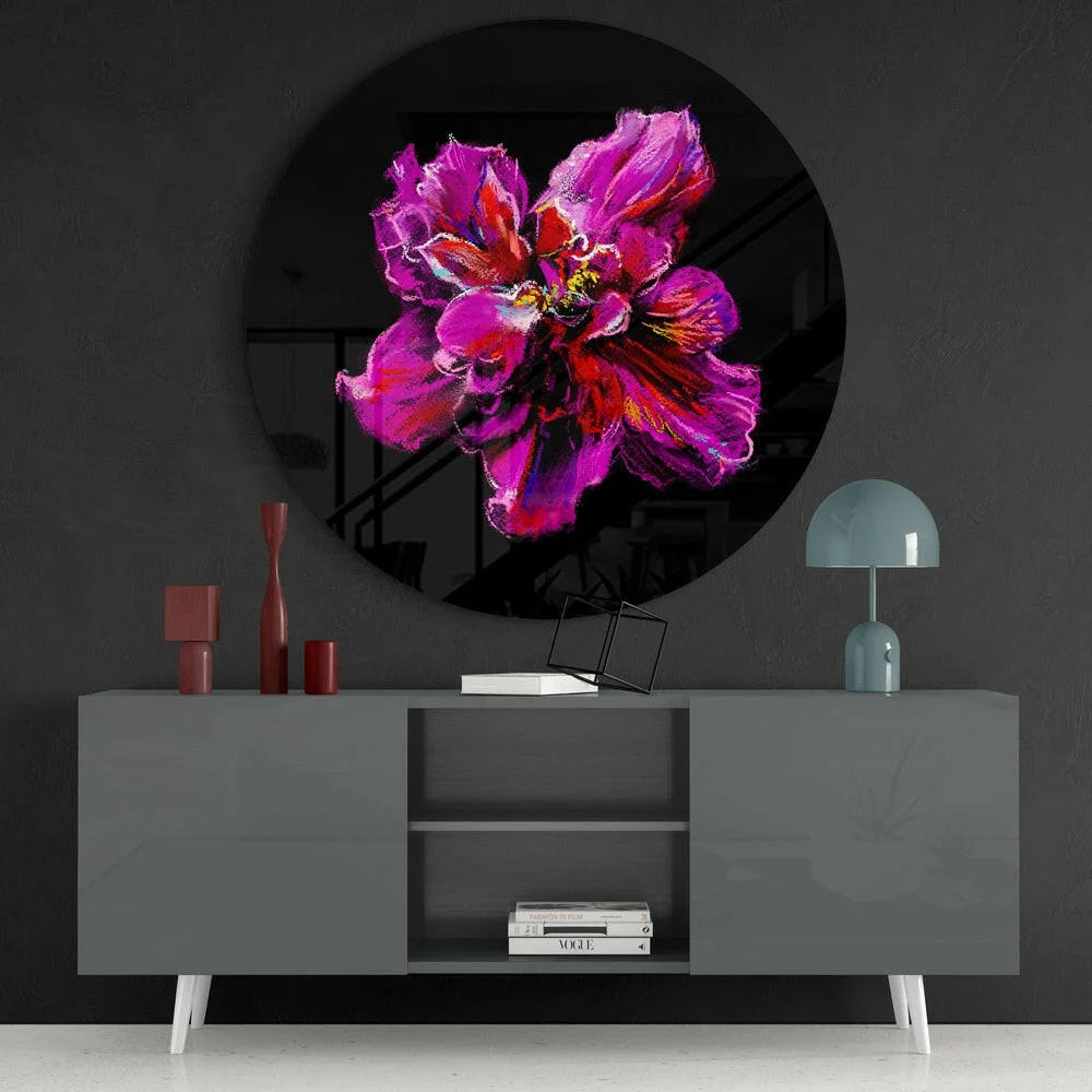 Vibrant purple pink abstract flower tempered glass art on black circle