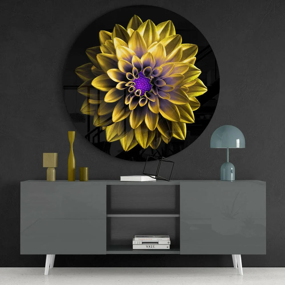 Vibrant yellow purple dahlia tempered glass art wall hanging