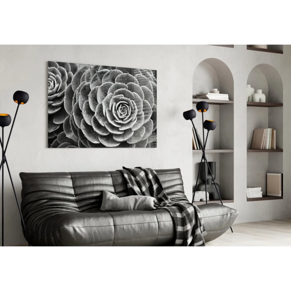 Black-and-white close-up of layered succulent leaves on spiral wall art canvas