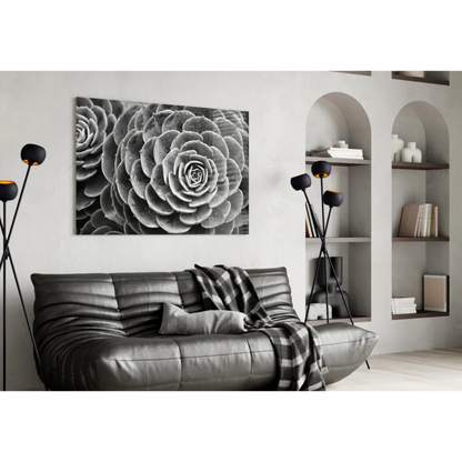 Black-and-white close-up of layered succulent leaves on spiral wall art canvas