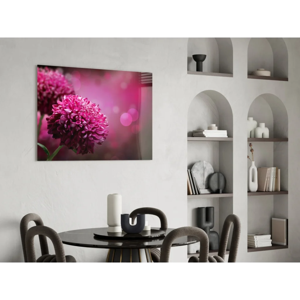 Vibrant magenta chrysanthemum glass wall art with bokeh glow