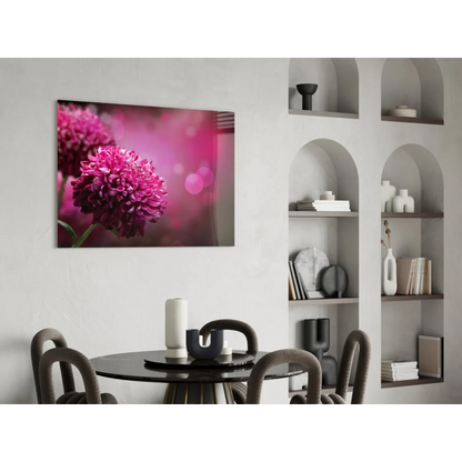 Vibrant magenta chrysanthemum glass wall art with bokeh glow