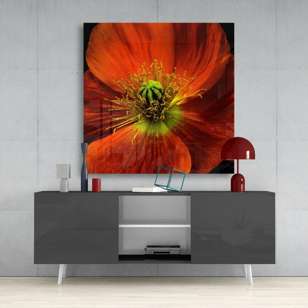 Vibrant red poppy glass wall art panel on gray console table