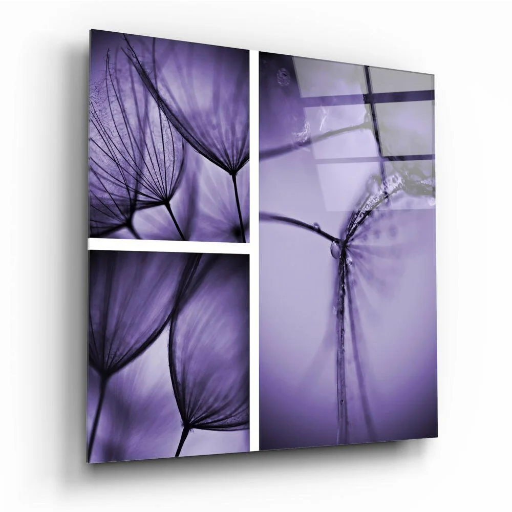 Purple dandelion glass wall art triptych with abstract floral design