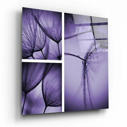 Purple dandelion glass wall art triptych with abstract floral design