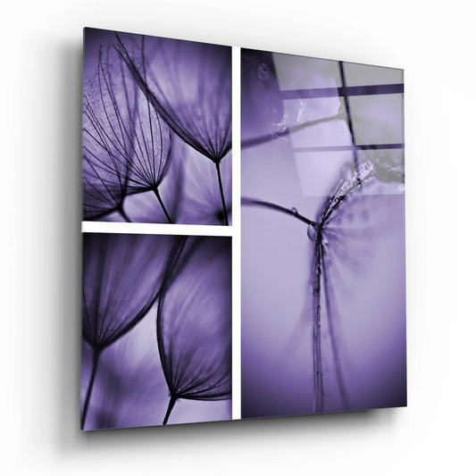 Purple dandelion glass wall art triptych with abstract floral design