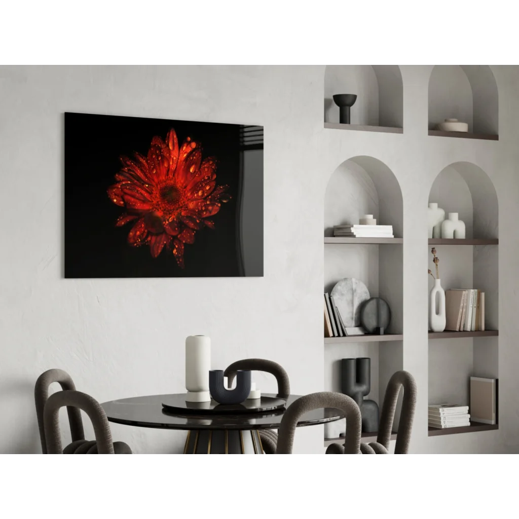 Vibrant red Gerbera daisy glass wall art with dewdrops on black canvas