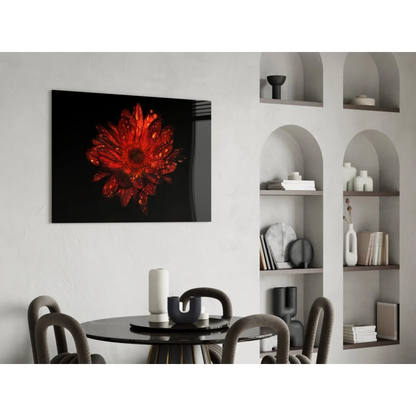Vibrant red Gerbera daisy glass wall art with dewdrops on black canvas