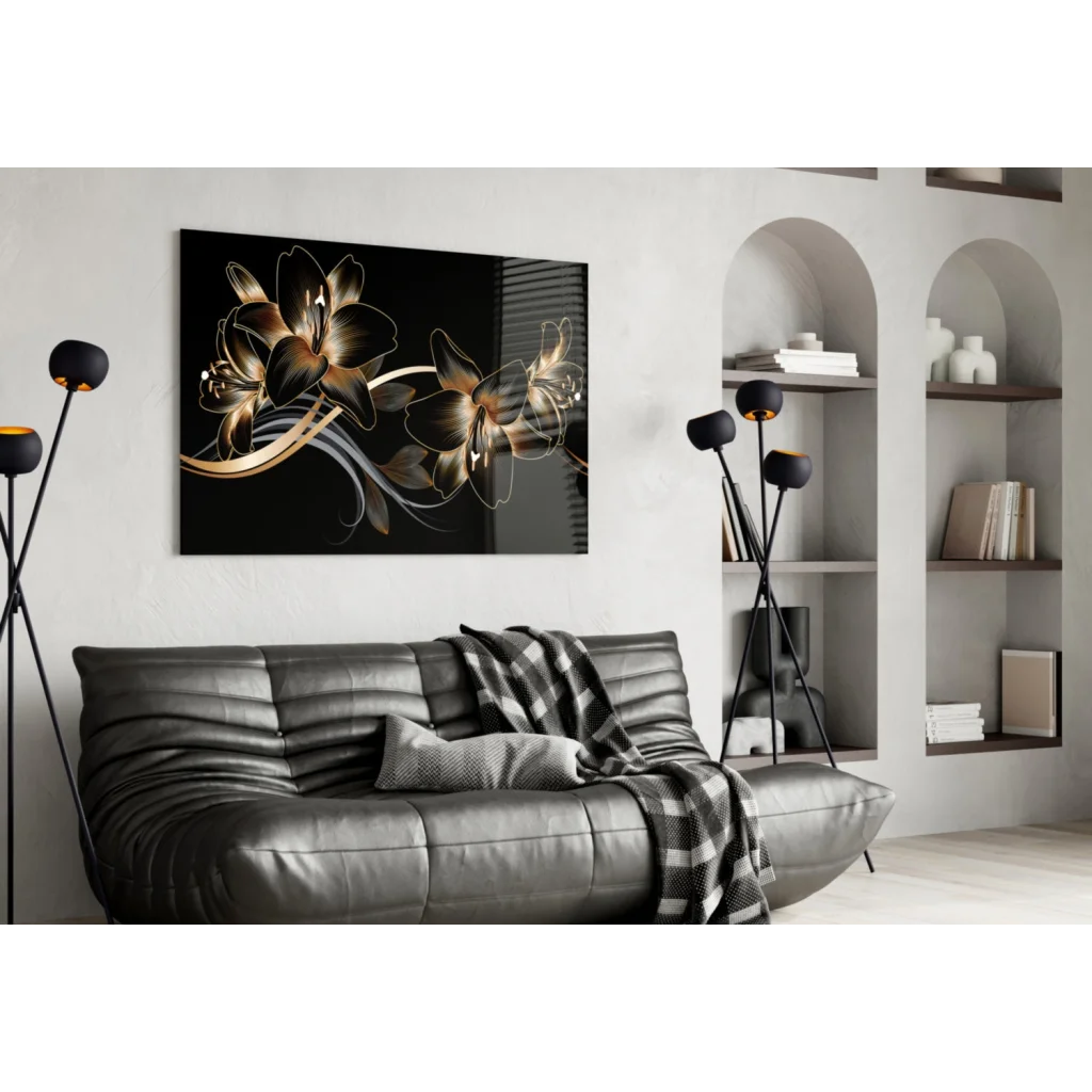 Stunning gold lily glass wall art on glossy black canvas