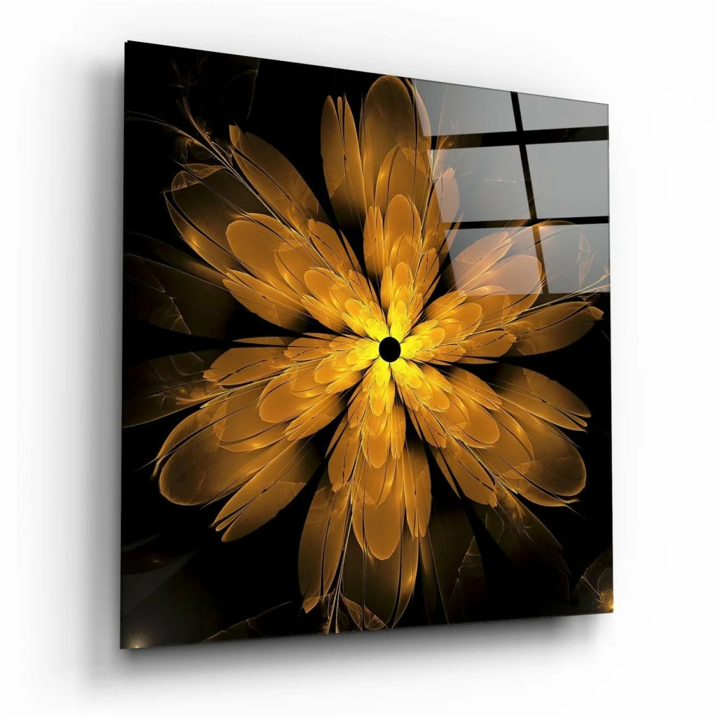 Radiant Golden Fractal Flower Glass Wall Art | Insigneart USA | vintageantiquesgifts.com