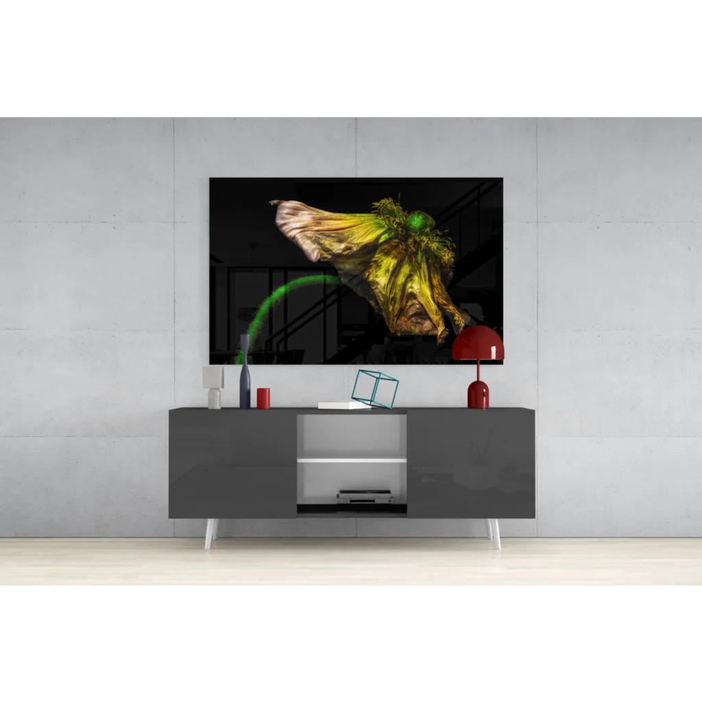 Vibrant yellow poppy wall art on black canvas background