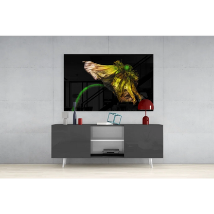 Vibrant yellow poppy wall art on black canvas background