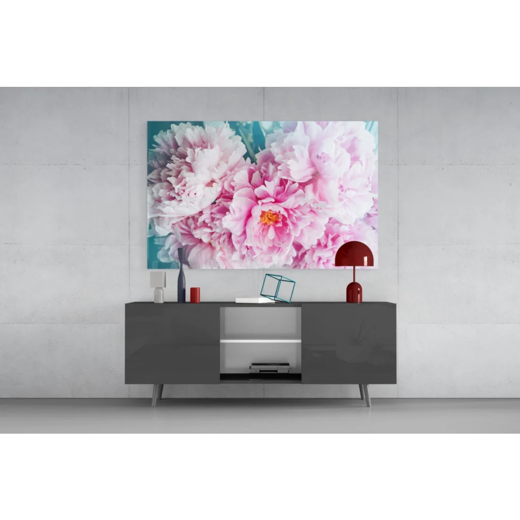 Blooming pink peonies wall art canvas print on teal background