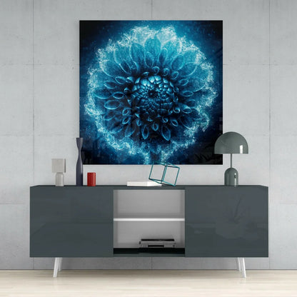 Glowing blue fractal glass wall art with radiant particles and floral details