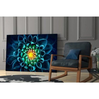Vibrant blue green abstract floral glass wall art with yellow center on wall