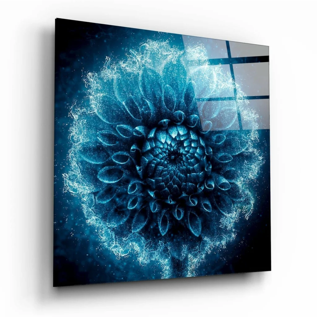 Glowing blue fractal glass wall art with radiant particles and abstract florals