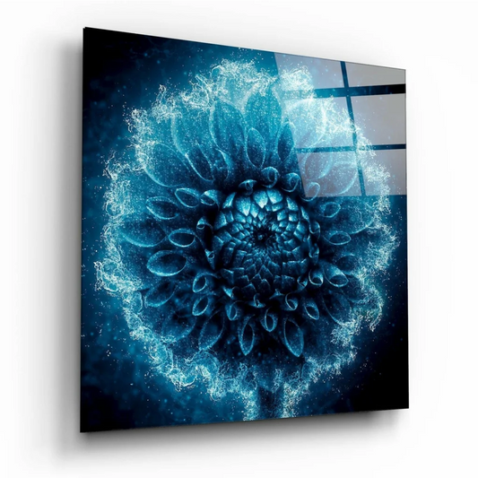 Glowing blue fractal glass wall art with radiant particles and abstract florals