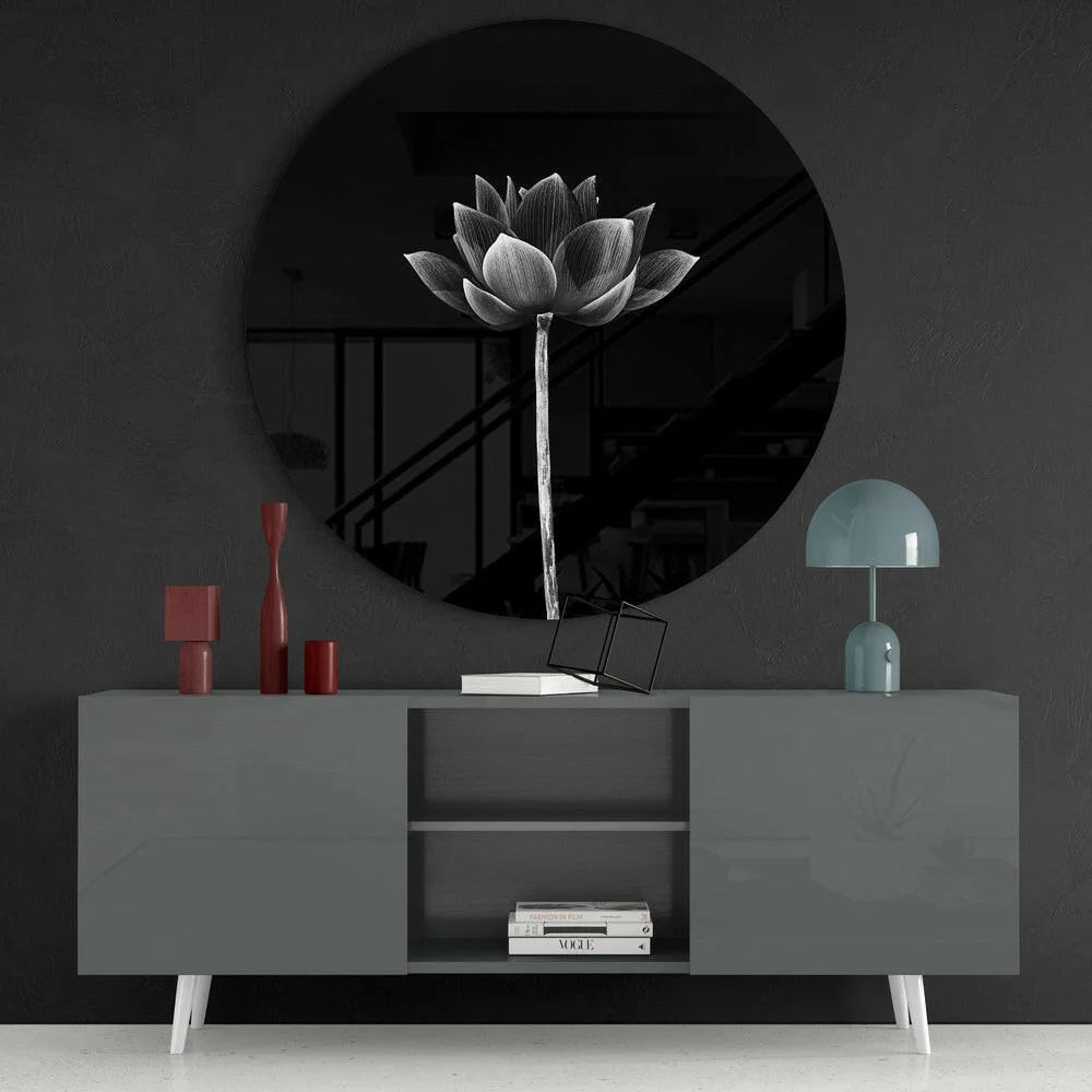 Stunning lotus tempered glass art with circular black mirror and monochrome flower design