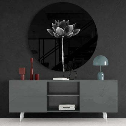 Stunning lotus tempered glass art with circular black mirror and monochrome flower design