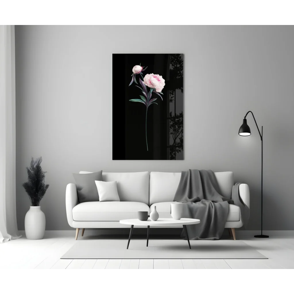 Stunning pink peony glass wall art on black canvas with delicate blooms