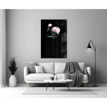 Stunning pink peony glass wall art on black canvas with delicate blooms