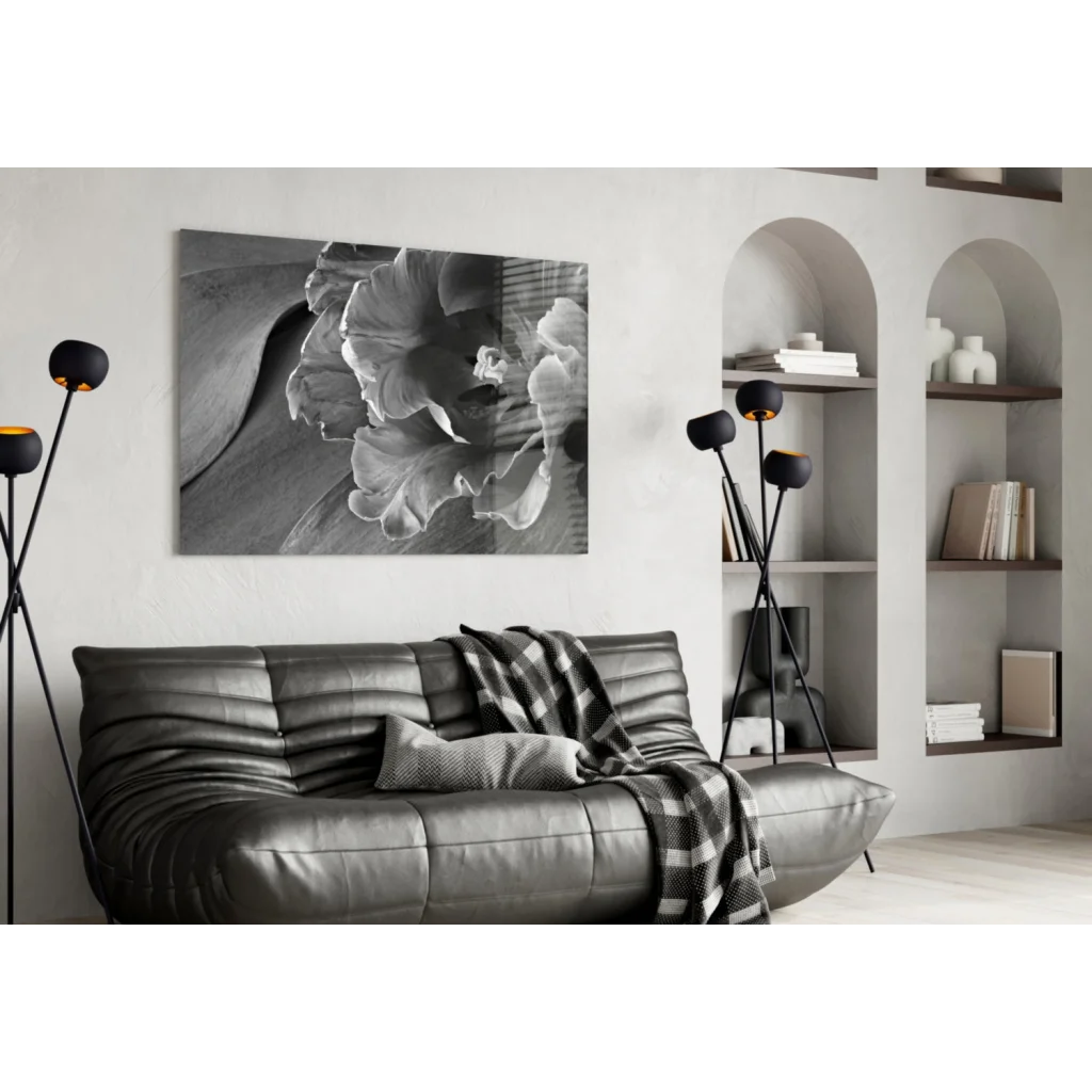 Black-and-white textured flower glass wall art print on canvas