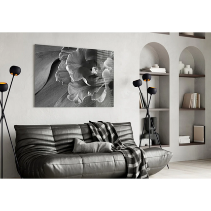 Black-and-white textured flower glass wall art print on canvas